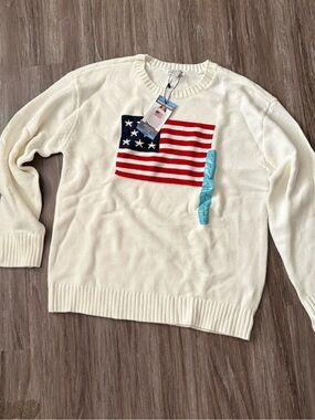 Mighty Fine Cream Sweater with Red and Navy Flag Detail